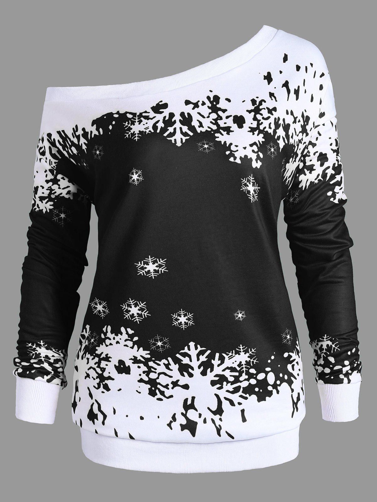 

Plus Size Skew Neck Christmas Snowflake Sweatshirt, Black