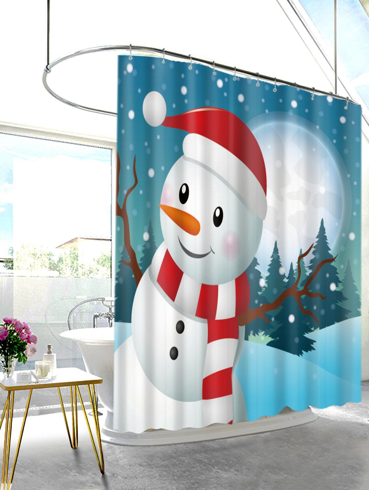 2018 Christmas Moon Snowman Print Waterproof Fabric Shower Curtain