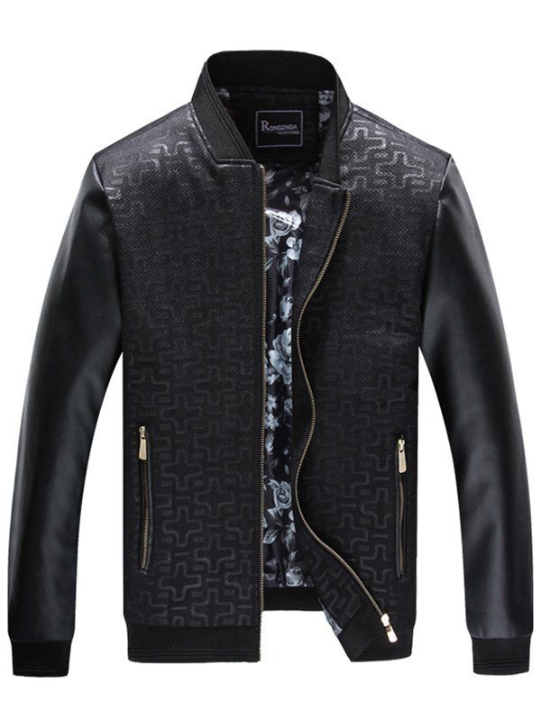 

PU Leather Panel Geometric Print Zip Up Jacket, Black
