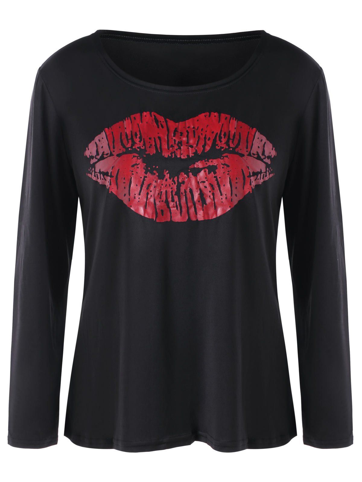 

Lip Print Long Sleeve Graphic Tee, Black