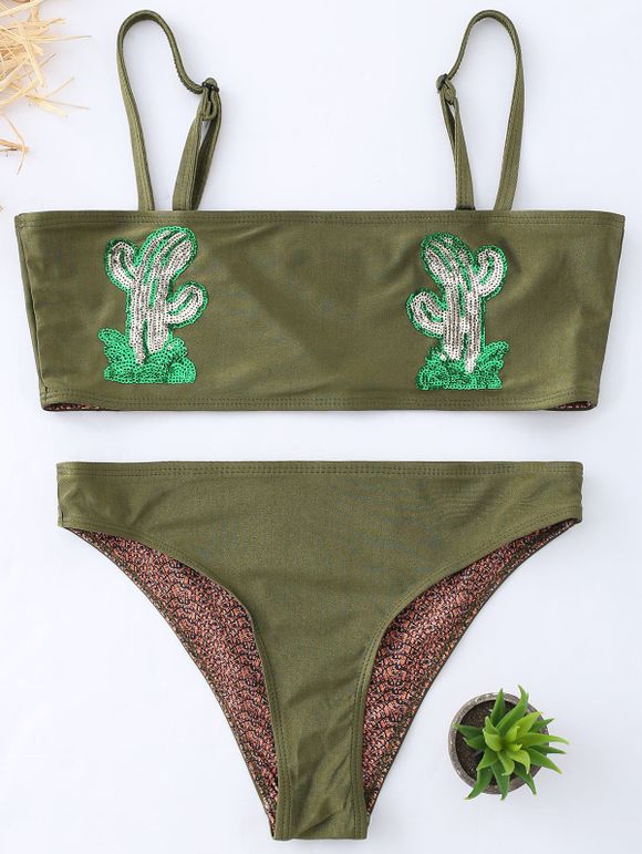 Maillot de Bain en Bikini à Bandeau et Imprimé Cactus - vert foncé L