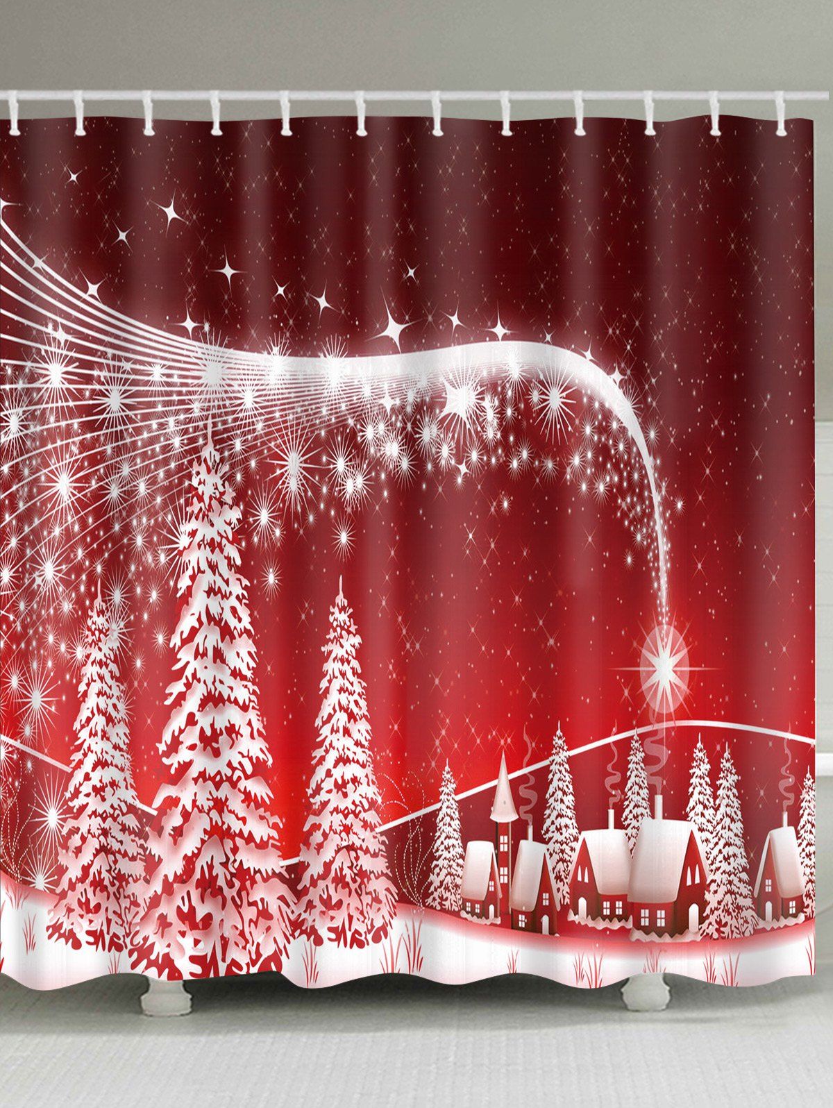 

Christmas Snowscape Print Polyester Waterproof Shower Curtain, Red