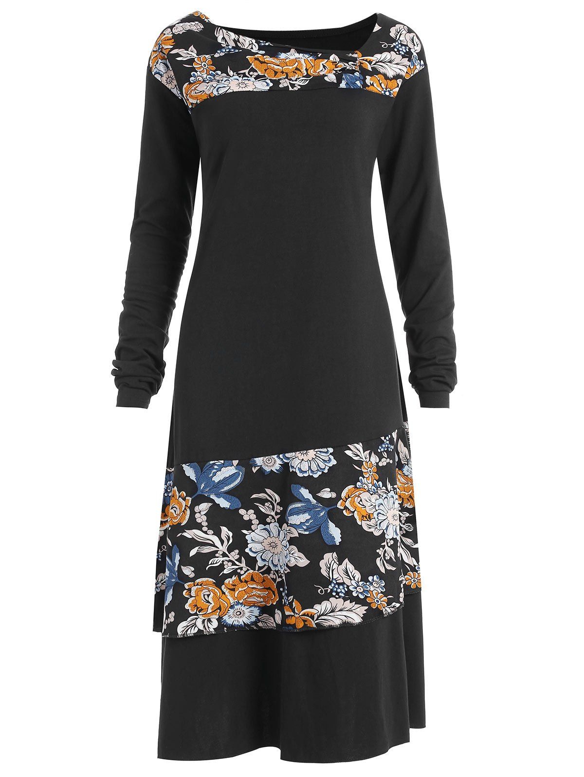

Floral Panel Asymmetrical Plus Size Dress, Black