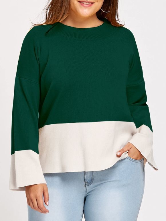Pull Contrastant à Col Montant Grande Taille - Vert profond 2XL
