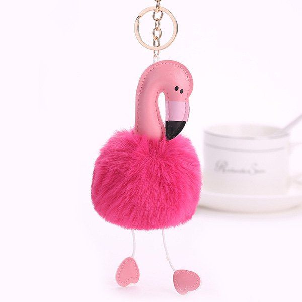 

Cute Fuzzy Ball Flamingo Heart Keychain, Rose red