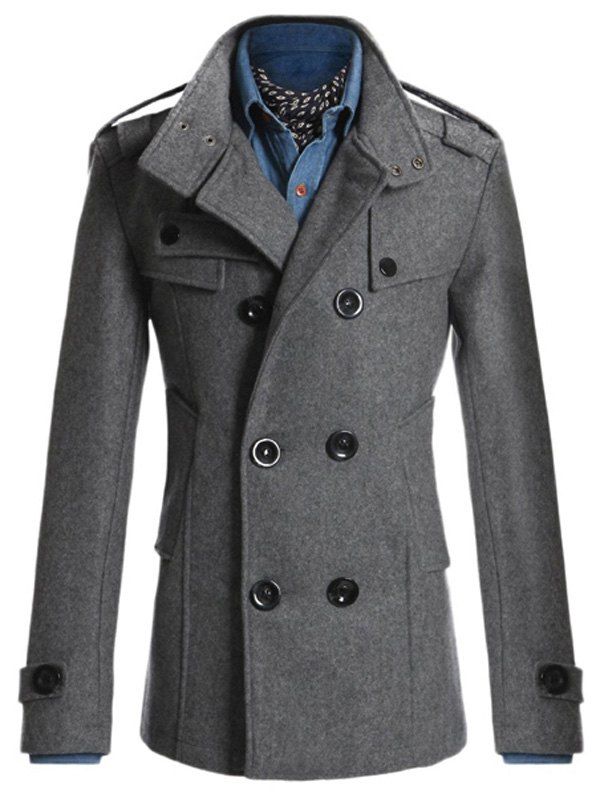 

Double Breasted Epaulet Design Longline Peacoat, Deep gray