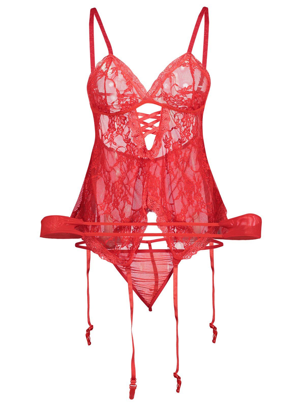 

Sheer Lace Slip Garter Lingerie Set, Red
