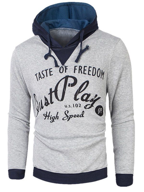

Color Block Fleece Graphic Print Pullover Hoodie, Light gray
