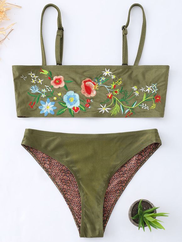 Ensemble Bikini Bandeau Cami avec Broderie Florale - vert foncé XL
