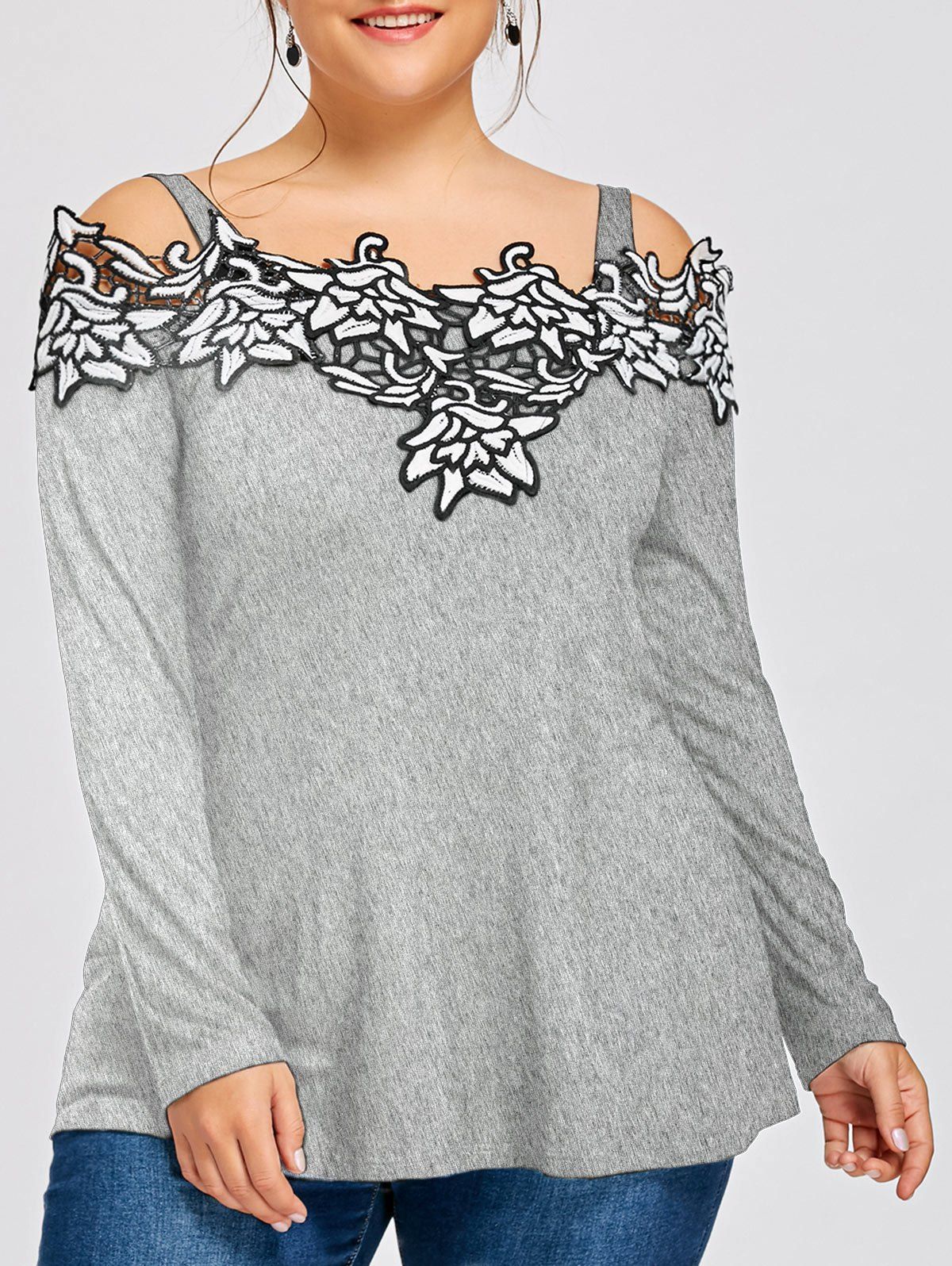 

Plus Size Long Sleeve Embroidered Cold Shoulder T-shirt, Gray