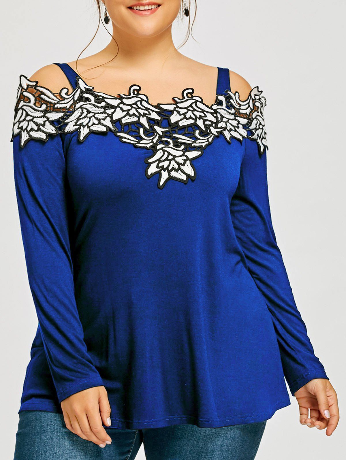 

Plus Size Long Sleeve Embroidered Cold Shoulder T-shirt, Blue