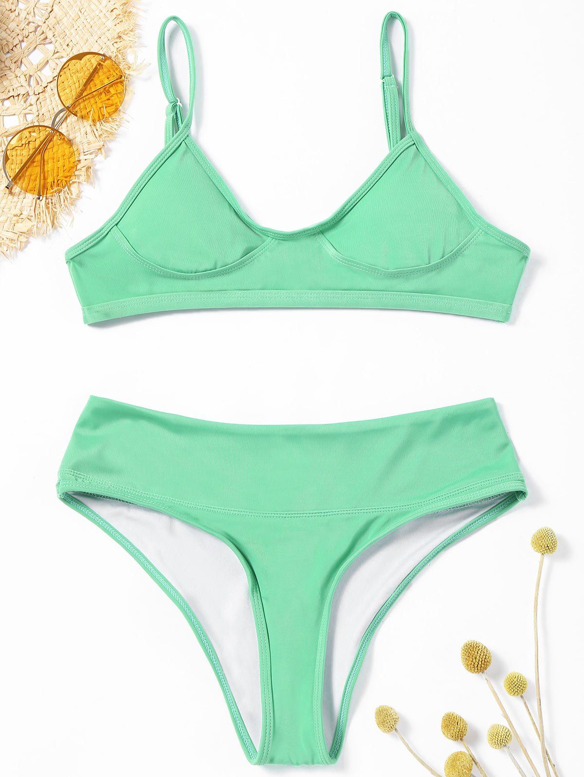 [66% OFF] 2020 High Leg Cami Strap Bikini Set In GREEN | DressLily
