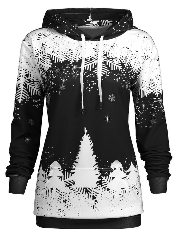 Sweatshirt à Capuche avec Poches Motif Flocons de Neige et Sapin de Noël Grande Taille - Noir 5XL