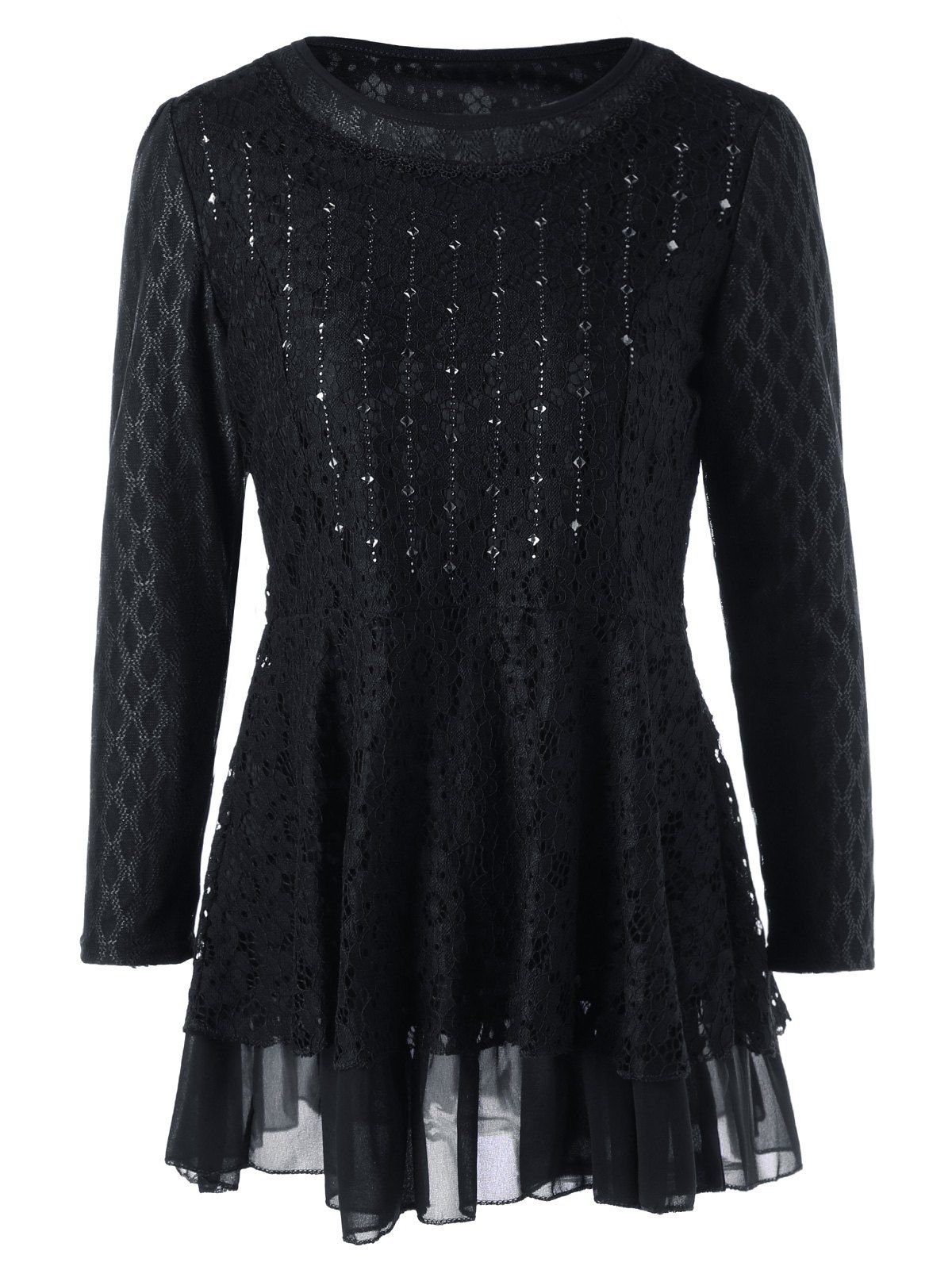 

Plus Size Embellished Layered Lace Peplum Top, Black
