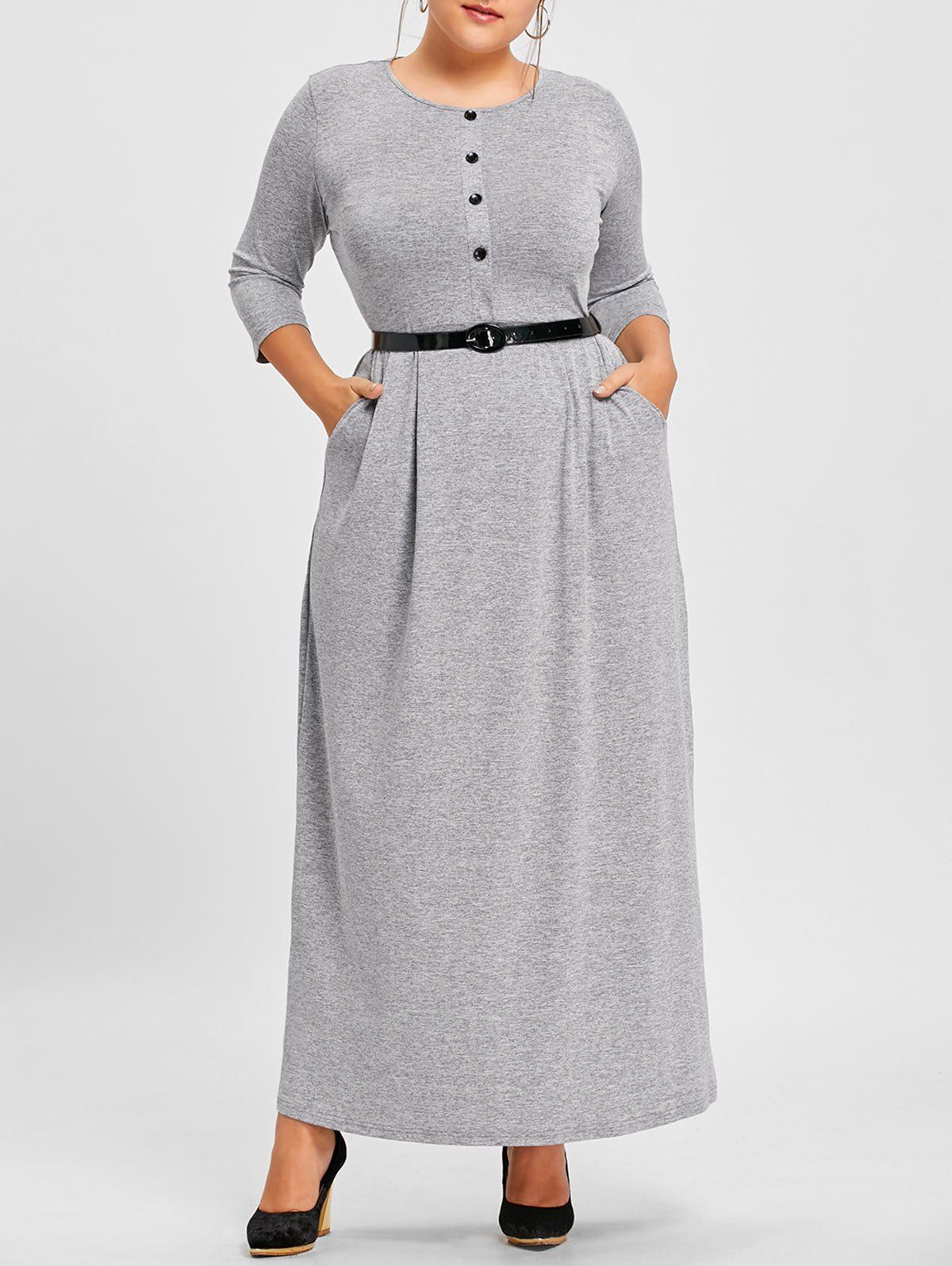 

Button Embellished Maxi Plus Size Dress with Pocket, Gray