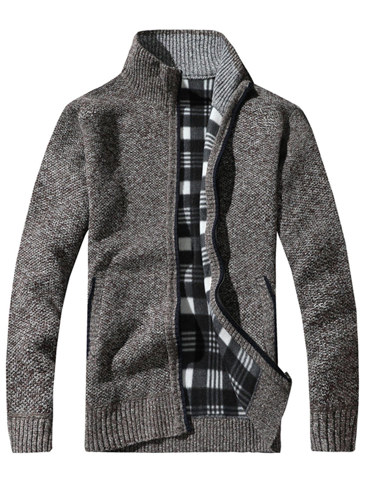 

Tartan Fleece Lining Zip Up Knit Blends Jacket, Coffee