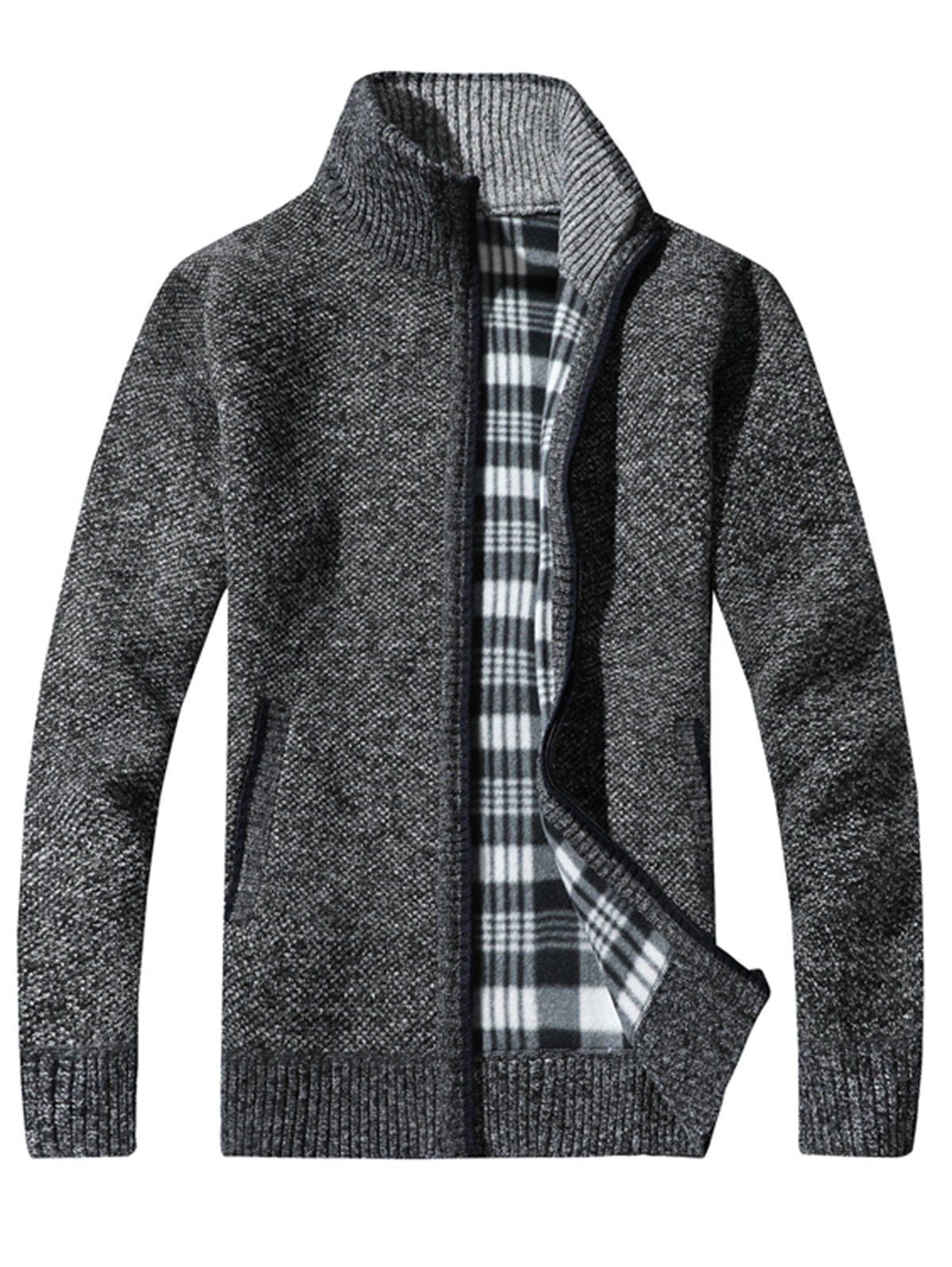 

Tartan Fleece Lining Zip Up Knit Blends Jacket, Deep gray