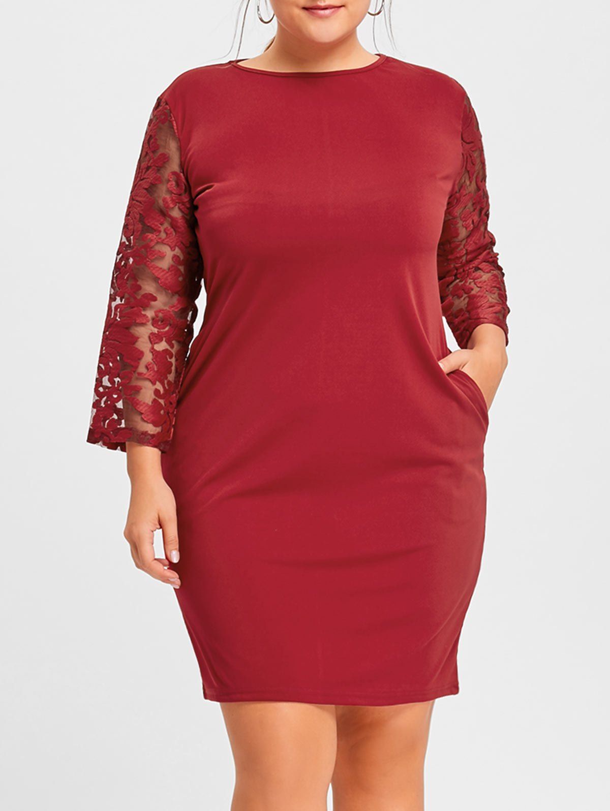 

Plus Size Floral Lace Insert Dress, Wine red