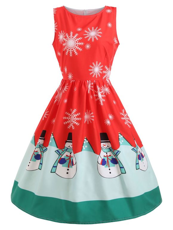 Robe Noël Mi-longue Imprimé Flocon de Neige et Bonhomme de Neige - Rouge L