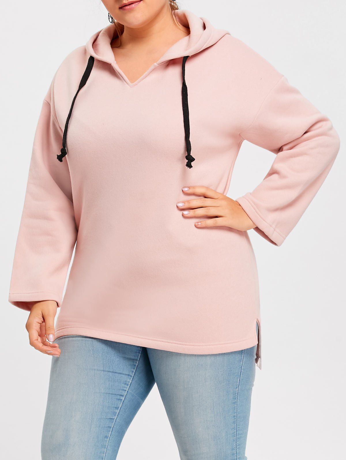 

Plus Size Fleece Lined Long Pullover Hoodie, Pink
