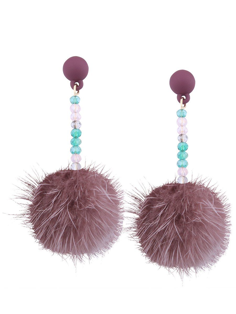 

Faux Fur Ball Beaded Drop Earrings, Pink