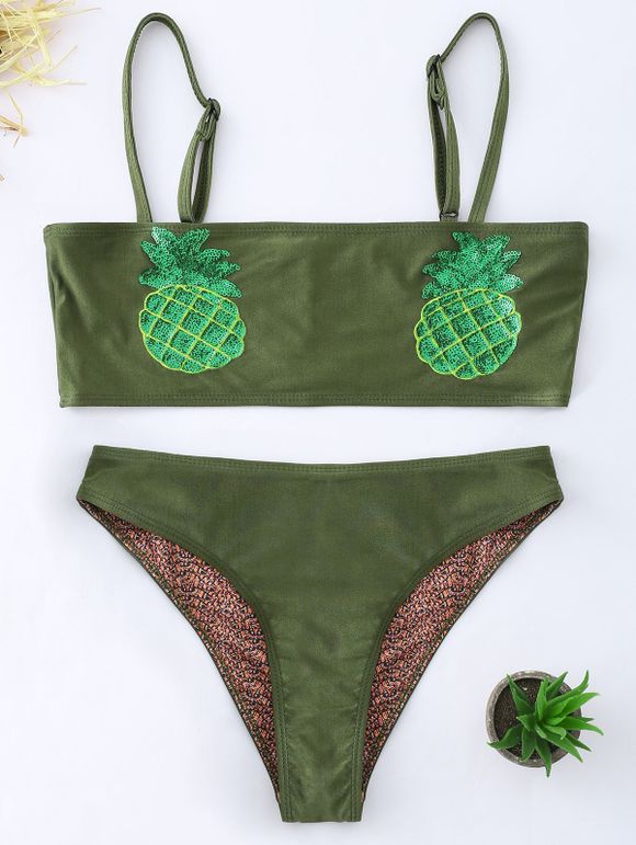 Ensemble de bikini bandeau pailleté à l'ananas - vert foncé M