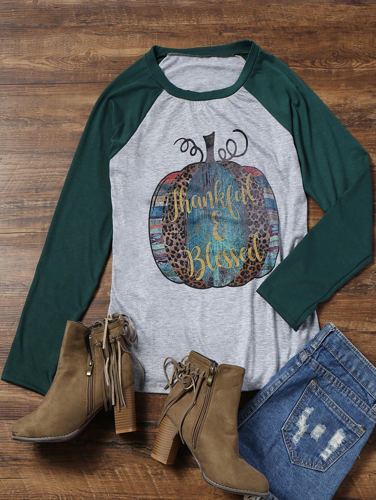 

Thanksgiving Graphic Print Raglan Sleeve Tee, Grey and green