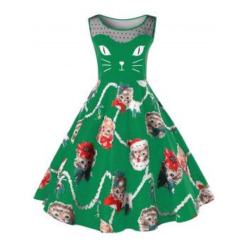 

Christmas Plus Size Kitten Print Swing Dress, Green