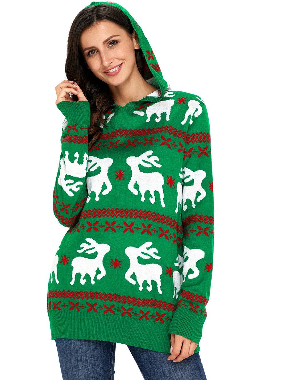 2018 Christmas Hooded Deer Jacquard Sweater GREEN L In Sweaters ...