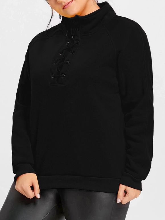 Sweat-shirt Lacé à Doublure Molletonée à Col Haut Grande Taille - Noir 2XL