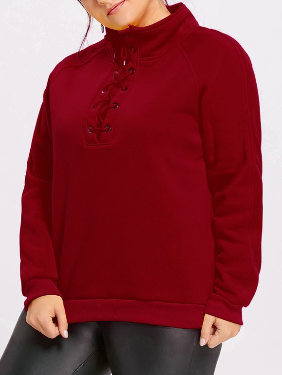 Sweat-shirt Lacé à Doublure Molletonée à Col Haut Grande Taille - Rouge foncé XL