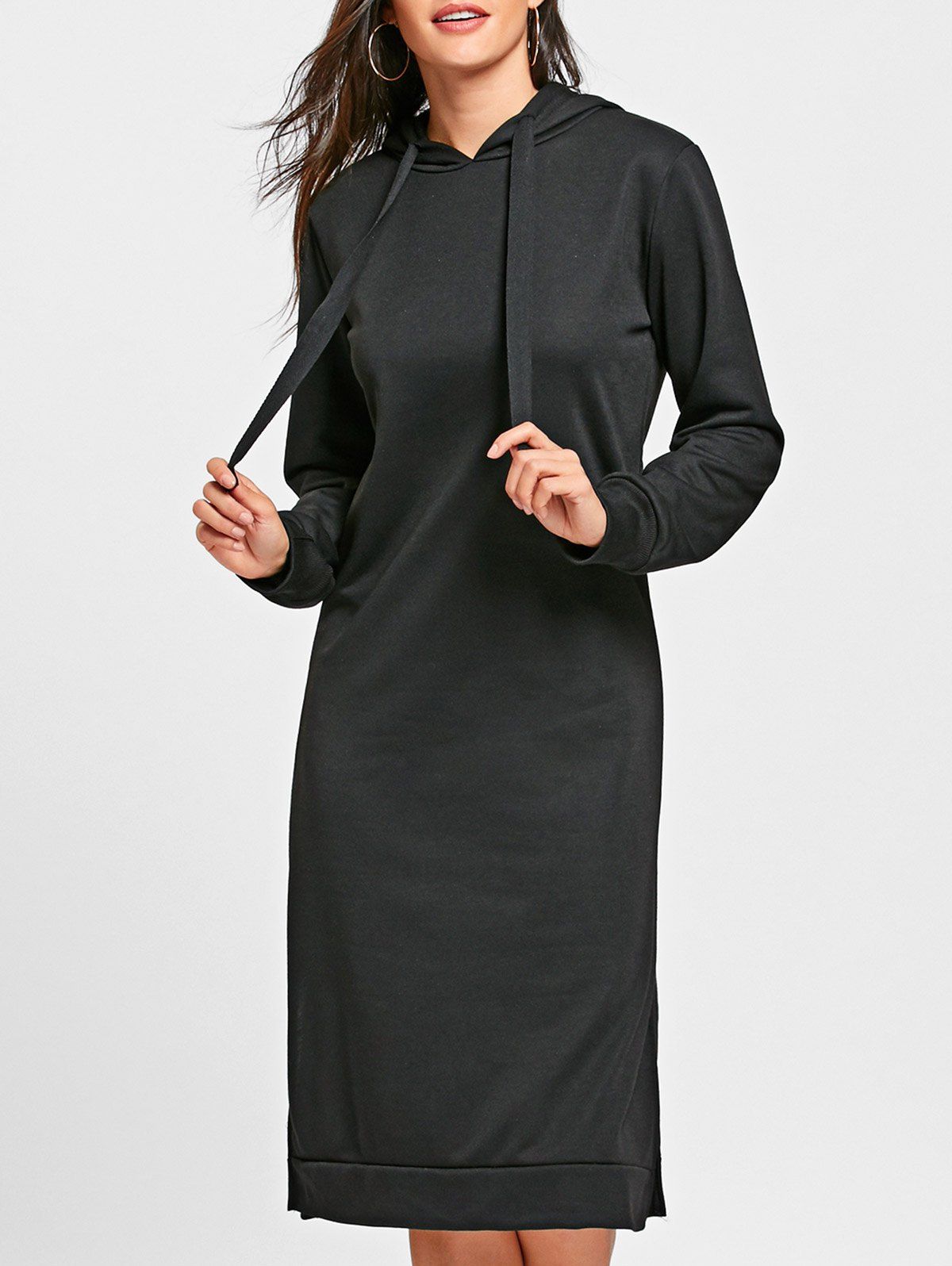 

Side Slit Drawstring Longline Hoodie, Black