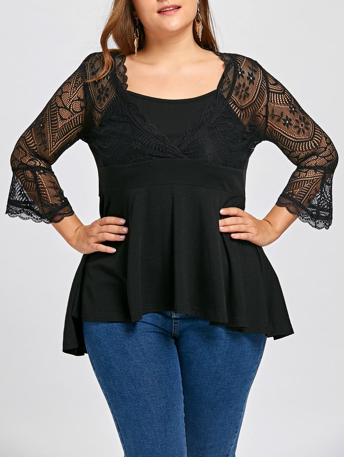 

Plus Size Lace Panel Babydoll Top, Black