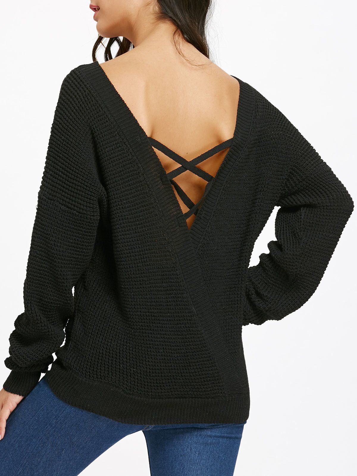 

Drop Shoulder Criss Cross Backless Jumper Sweater, Black