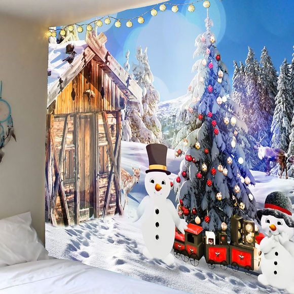 Tapisserie Murale Pendante de Noël Motif de Neige et Maison et Bonhomme de Neige - coloré W91 INCH * L71 INCH