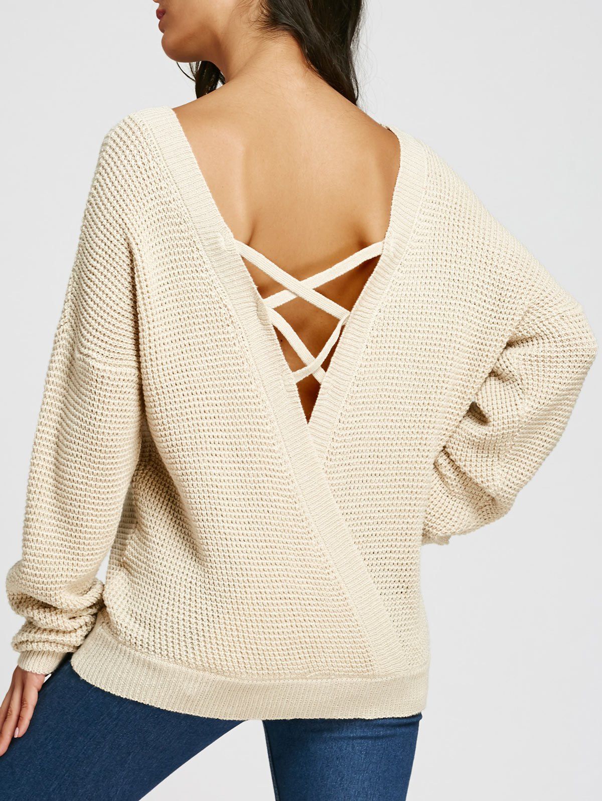 

Drop Shoulder Criss Cross Backless Jumper Sweater, Light beige