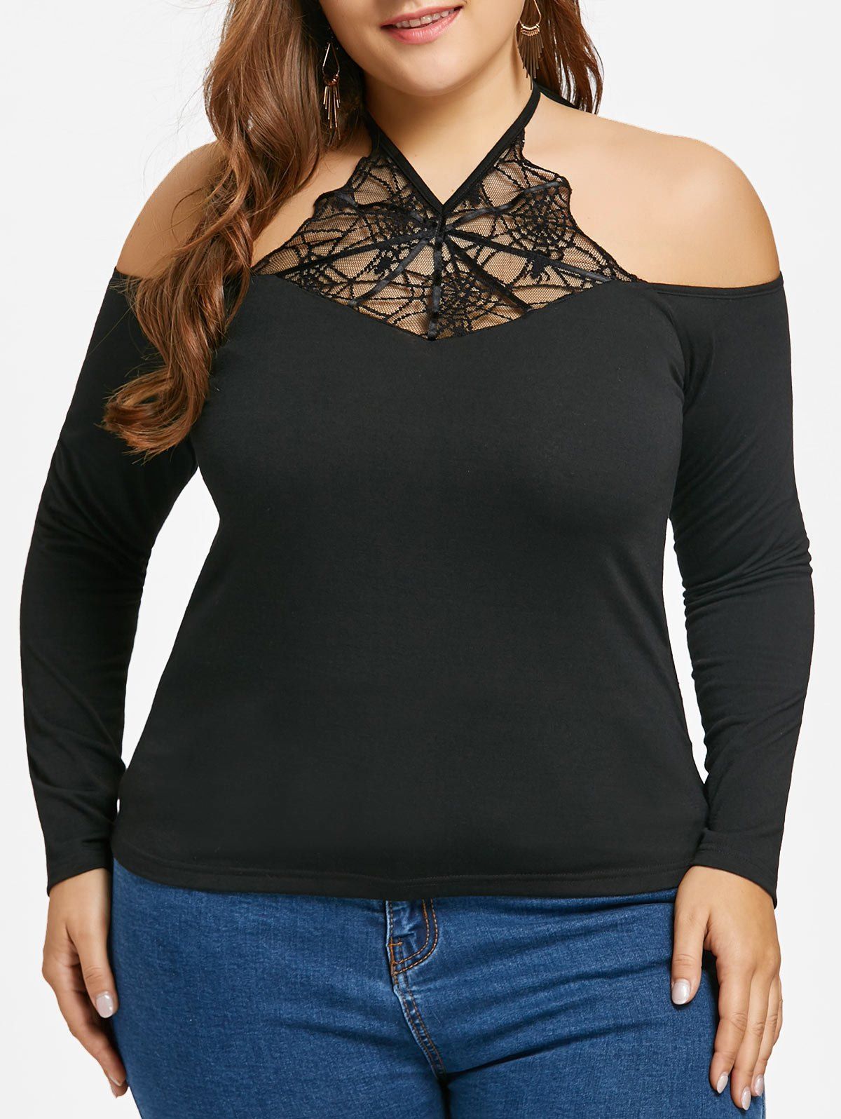 

Plus Size Halter Spider Net Lace Panel Top, Black