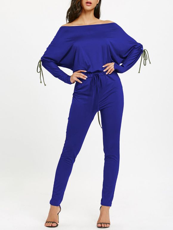 Off The Shoulder Lace-Up taille haute Jumpsuit - Bleu XL