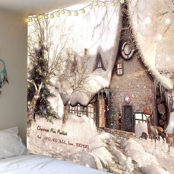 Tapisserie Murale Pendante de Noël Motif de Maison et de Neige - Blanc et Brun W79 INCH * L59 INCH