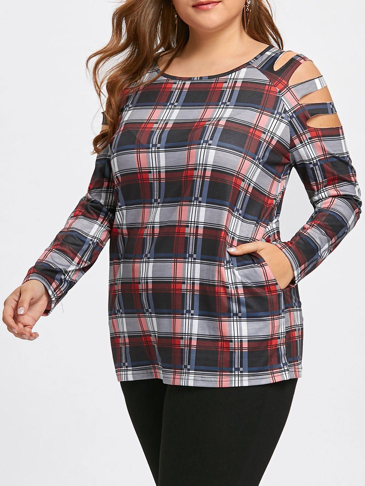 

Plaid Cold Shoulder Plus Size Tunic T-shirt, Checked