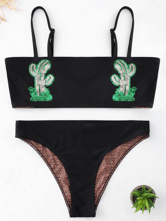 Maillot de Bain en Bikini à Bandeau et Imprimé Cactus - Noir L