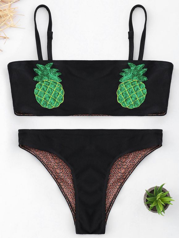 Ensemble de bikini bandeau pailleté à l'ananas - Noir XL