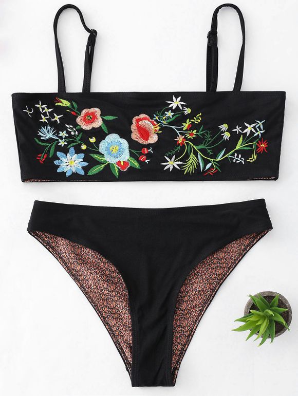 Ensemble Bikini Bandeau Cami avec Broderie Florale - Noir XL