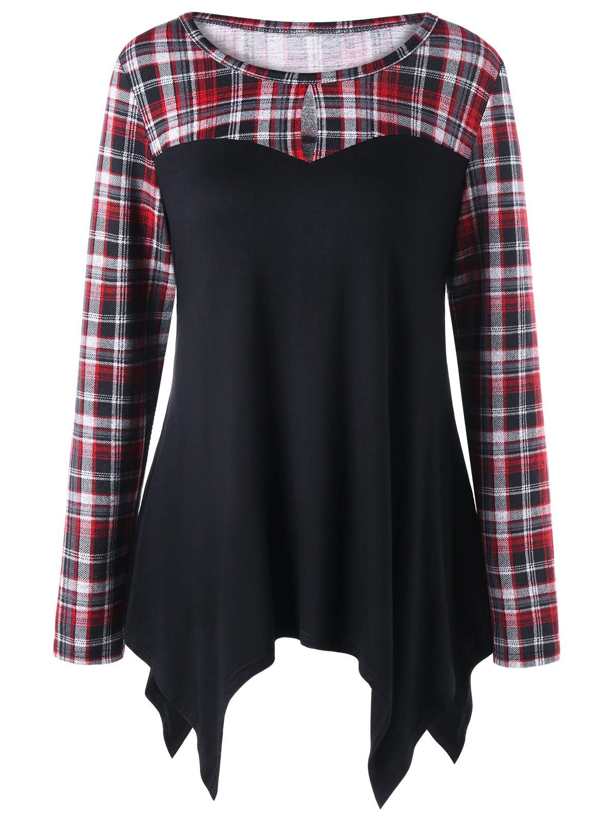 

Plus Size Keyhole Neck Plaid T-shirt, Black