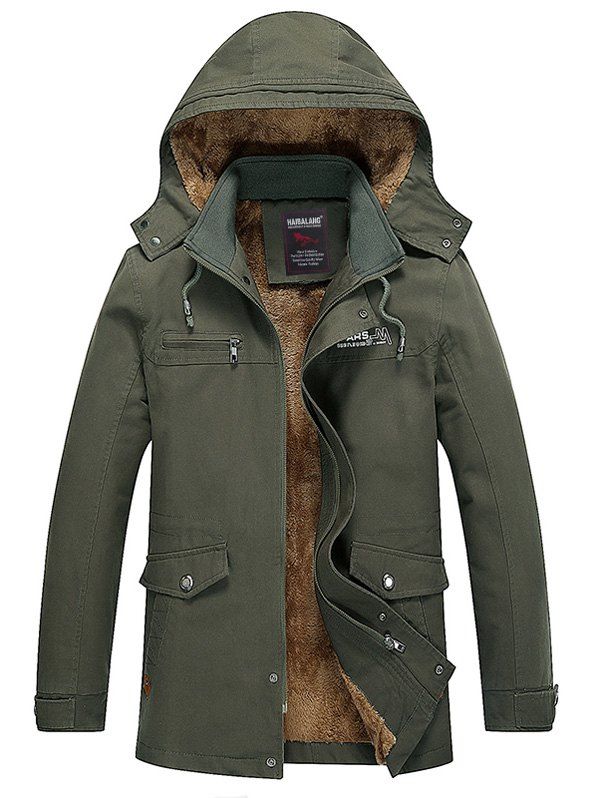 

Detachable Hooded Pockets Zip Up Fleece Coat, Army green
