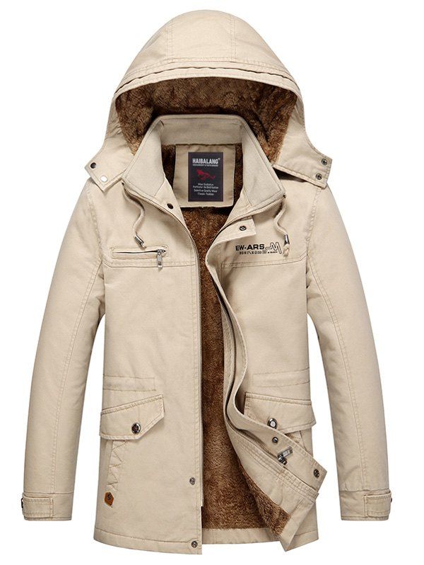 

Detachable Hooded Pockets Zip Up Fleece Coat, Light khaki