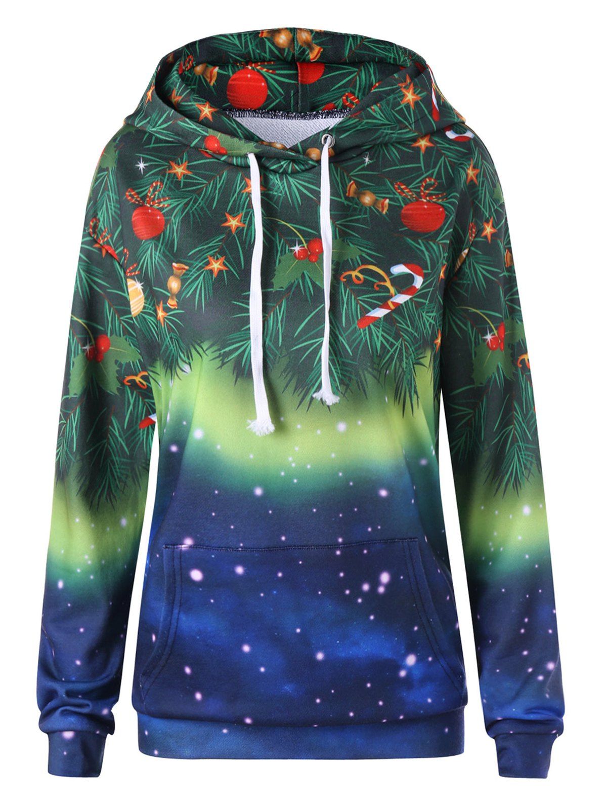 

Christmas Tree Printed Kangaroo Pocket Hoodie, Colormix