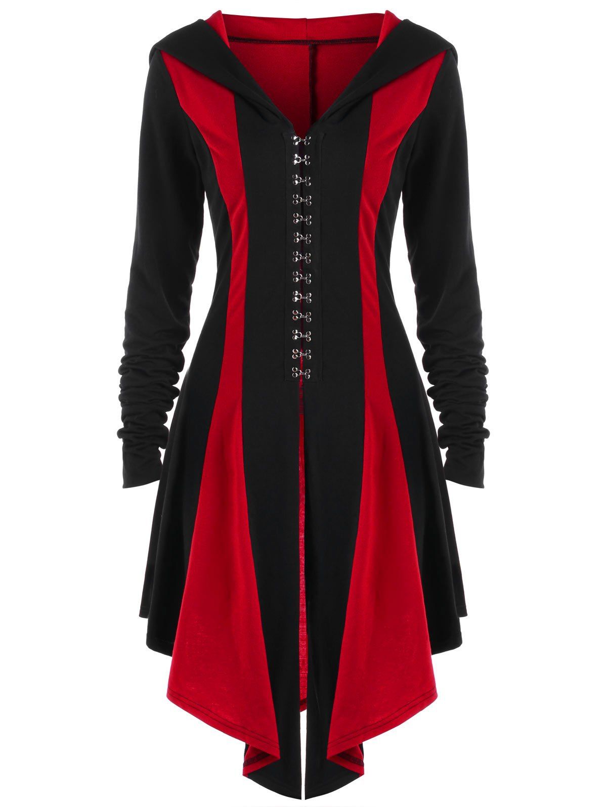 [17% OFF] 2021 Hooded Lace Up Hook Button Coat In RED/BLACK | DressLily