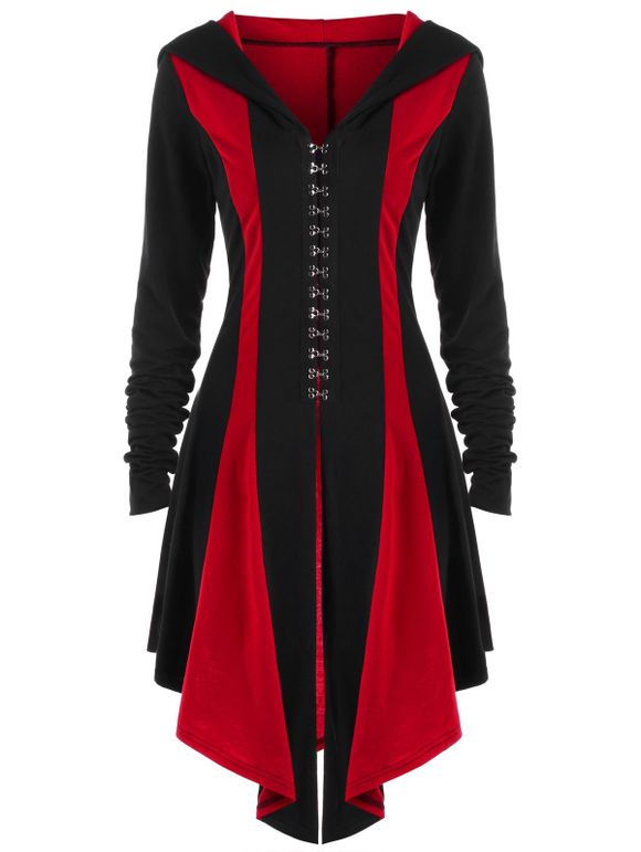 Manteau à Capuche Boutonné et à Lacets - Rouge et Noir XL