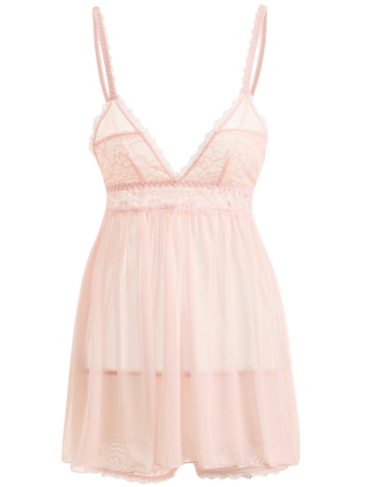 [17% OFF] 2022 Sheer Mesh Slip Babydoll With Lace In LIGHT PINK | DressLily